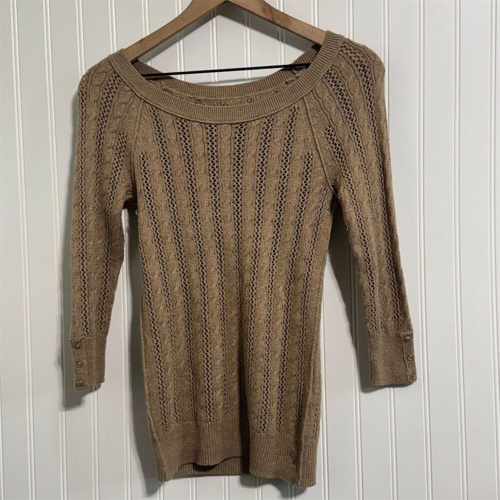 American Eagle Cable Knit Sweater Tan Open Stitch Boat Neck S/P Small‎ Cozy Y2K